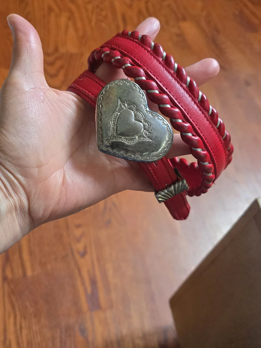 Vintage Dun Dee Red Full Grain Leather Belt Size 26 Braided Silver Heart Buckle